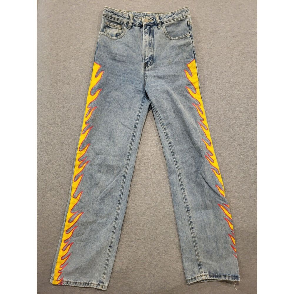 Shein Straight Leg Jeans‎ Women's XS Yellow Flame Print  28x30 Y2K style baggy
